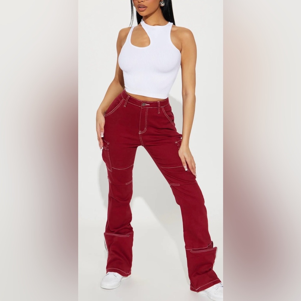 Fashion Nova Y2K Red Cargo Utility Jeans Contrast Stitch Festival Rave Size 7 - Picture 3 of 14
